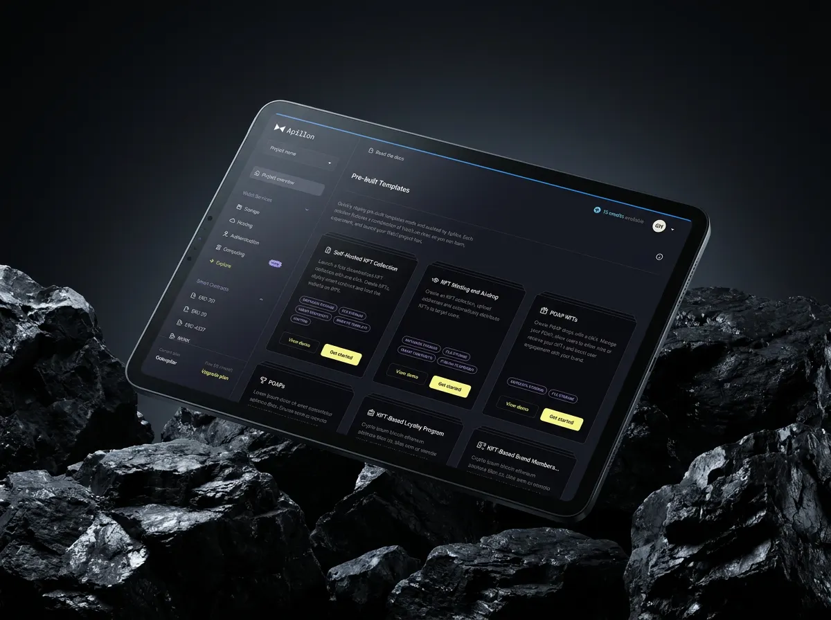 The Apillon dashboard on a tablet, showing its pre-built NFT campaign templates