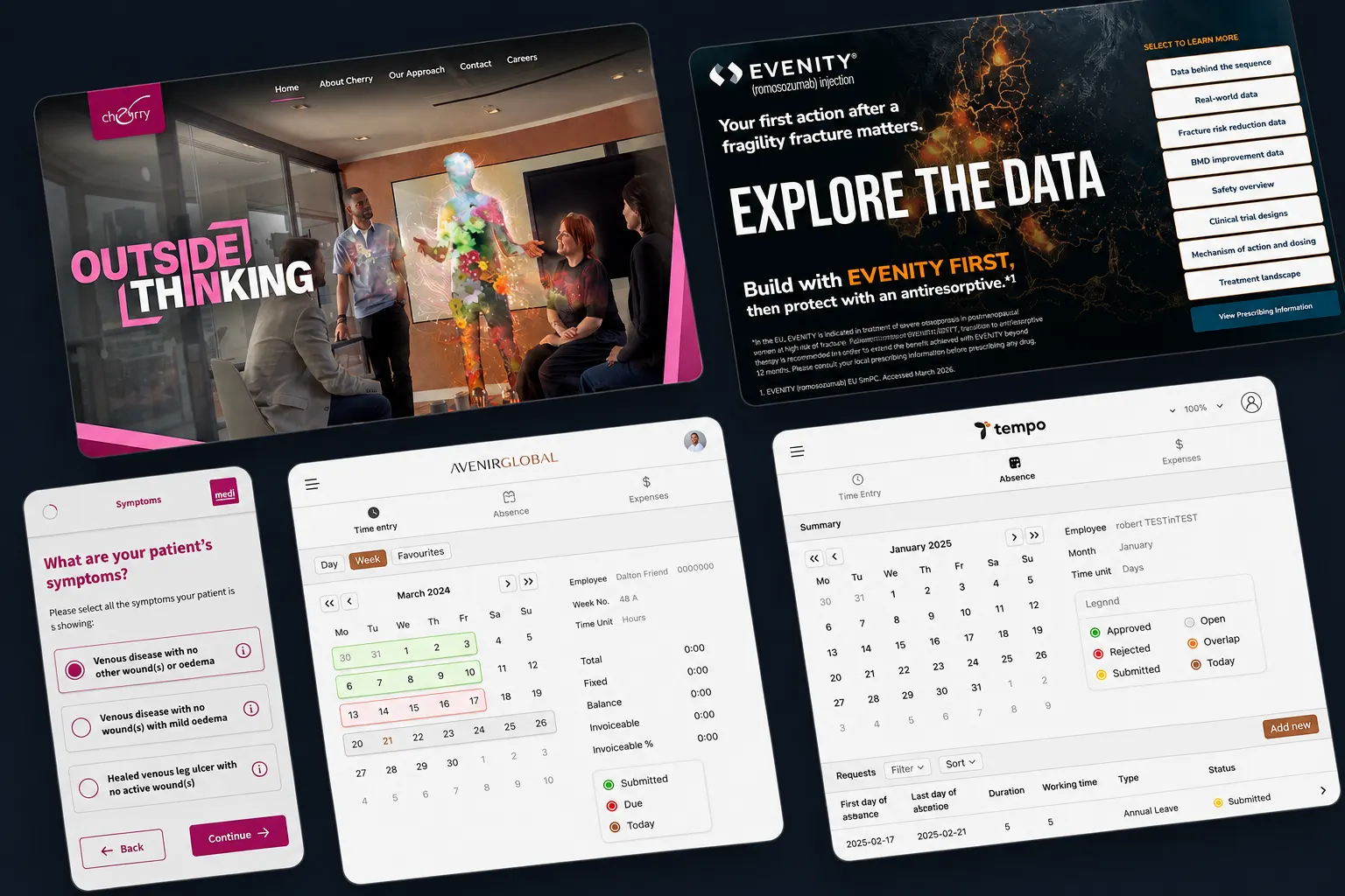 Avenir Global work across five screens: the group’s time-entry and absence application, beside client-facing web pages built for its agencies
