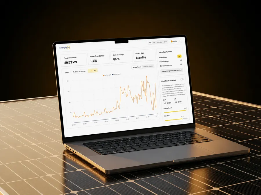 The EnergijaSOL dashboard showing live grid and battery power, state of charge, and the charge schedule