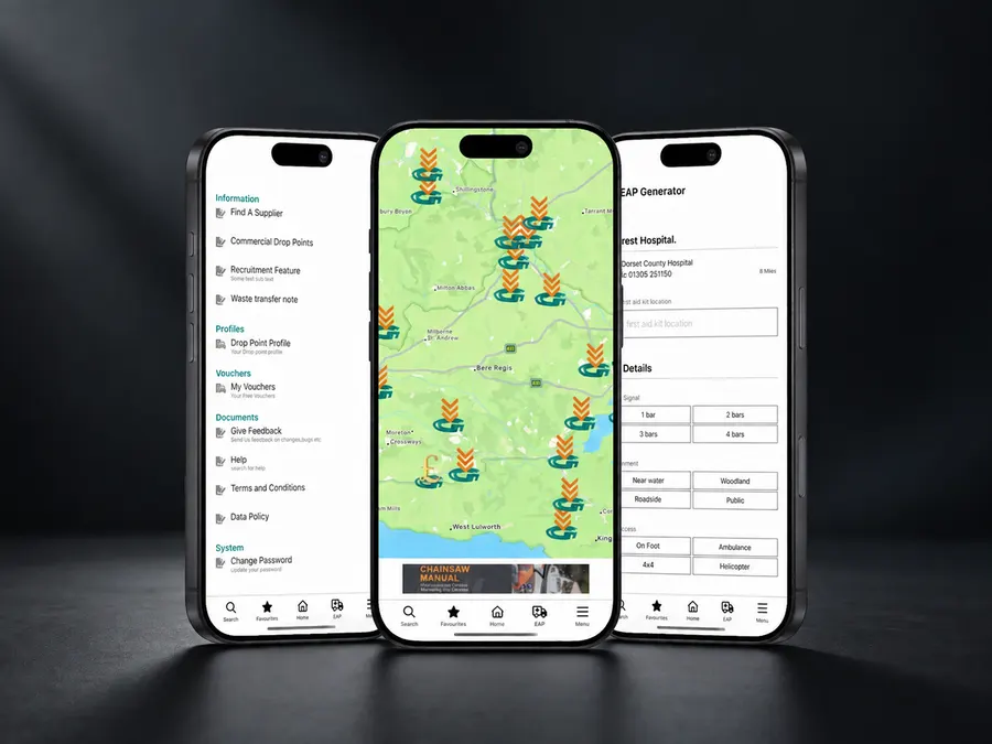 The Green Line Arb app on three phones: the menu, the map of drop points across Dorset, and the Emergency Action Plan generator