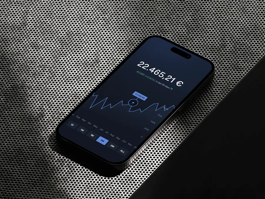 The JonatanMars app on a phone: total portfolio value in euros above a performance chart, with a timeframe selector from one day to all time