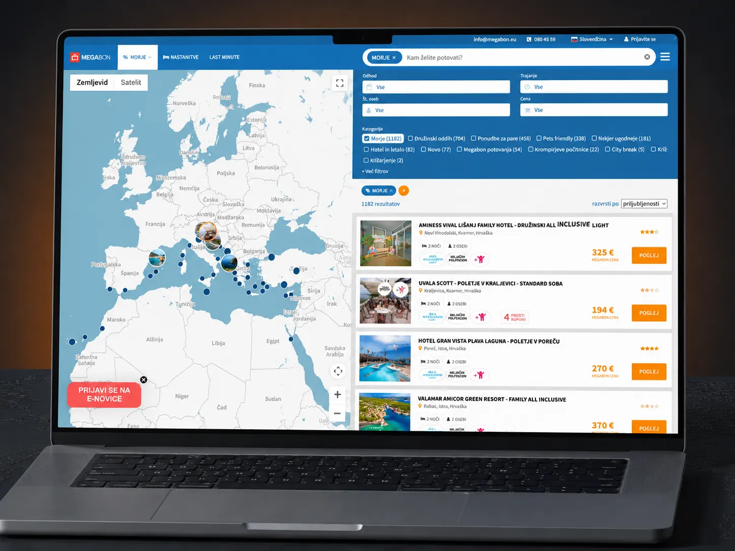 The Megabon travel portal on a laptop: a destination map of Europe beside seaside offers with prices