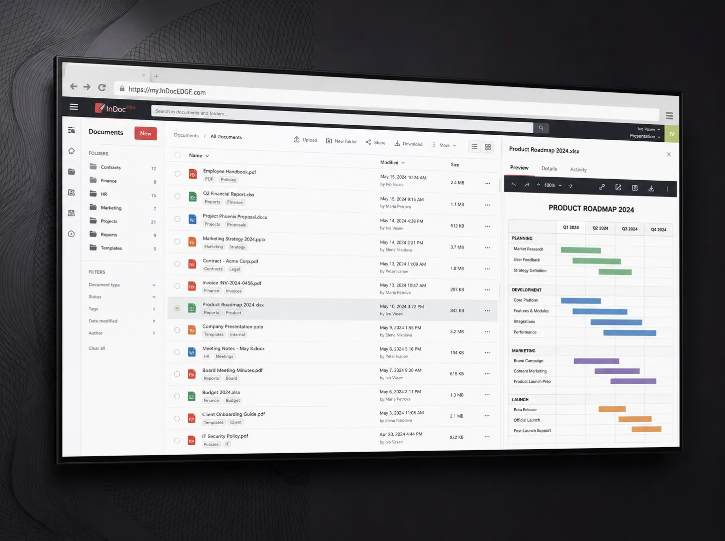 InDoc EDGE in the browser: document folders, a tagged file list and a roadmap preview pane
