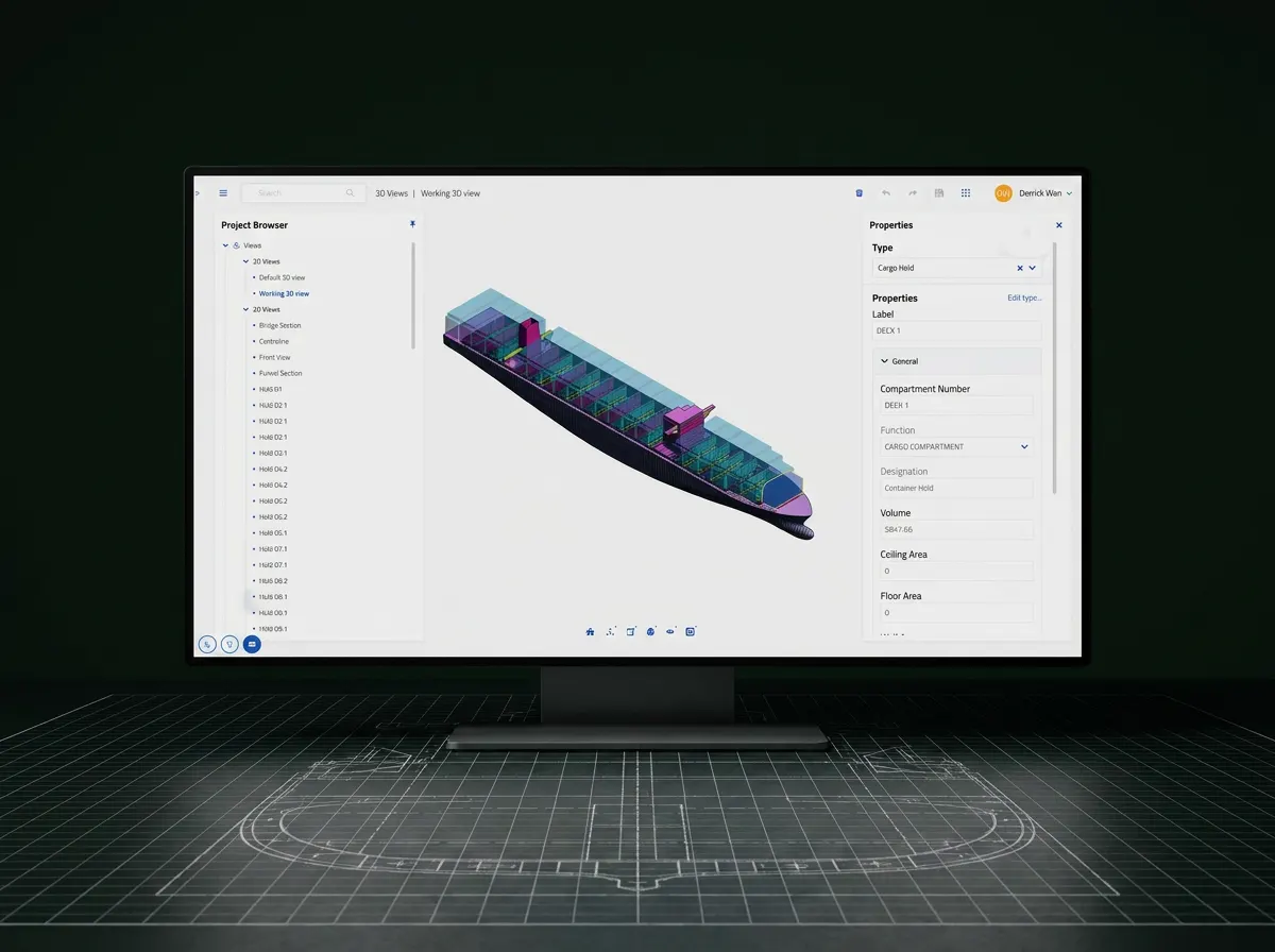 Naval Architect on a monitor: a 3D container-ship model with colour-coded compartments, a view tree on the left, and a properties panel showing a cargo hold’s volume and floor area.