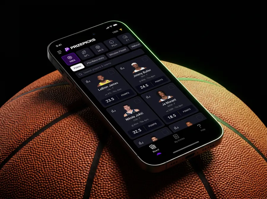 The PrizePicks app on a phone resting on a basketball: NBA player cards, each with a points line to pick over or under